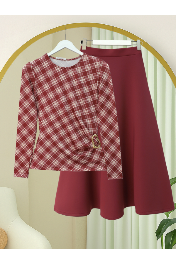 Yanı Tokalı Ekose Desenli Bluz -Bordo