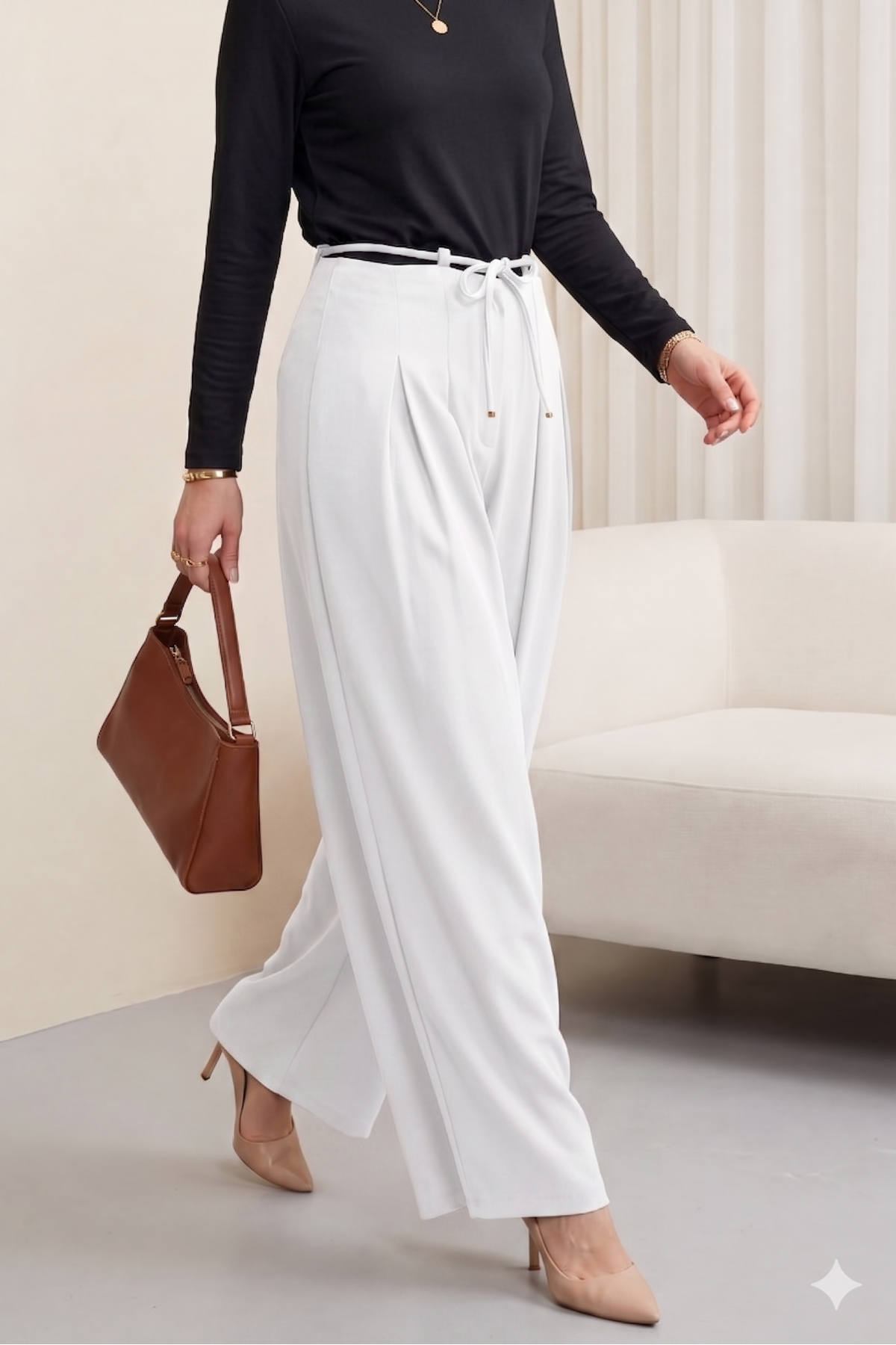 Imported Crepe Pants with Drawstring Waist and Wide Legs -White