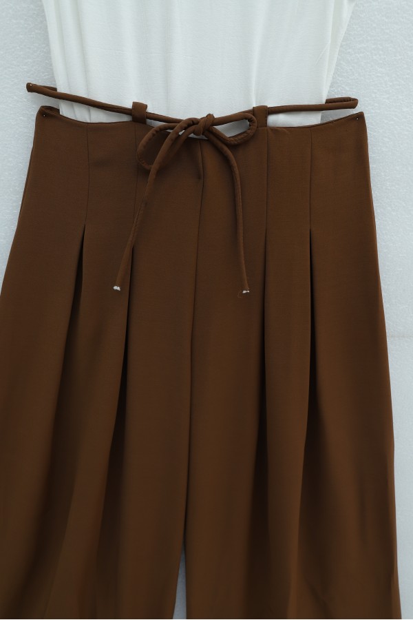 Beli Bağcıklı Pliseli Bol Paça İthal Krep Pantolon -Kahve