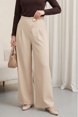 Yandan Fermuarlı Broşlu Katlama Detaylı Bol Paça Krep Pantolon  -Bej