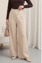 Wide-leg crepe trousers with side zipper, brooch, and folding detail. - Beige