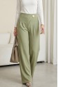Wide-leg crepe trousers with side zipper, brooch, and folding detail. -Cagla Green