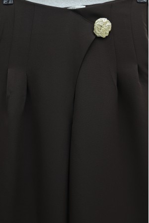 Yandan Fermuarlı Broşlu Katlama Detaylı Bol Paça Krep Pantolon  -K. Kahve