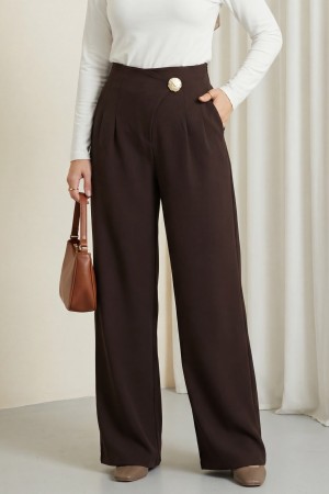 Yandan Fermuarlı Broşlu Katlama Detaylı Bol Paça Krep Pantolon  -K. Kahve