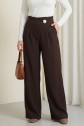 Wide-leg crepe trousers with side zipper, brooch, and folding detail. -Dark Coffee