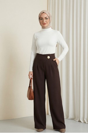 Yandan Fermuarlı Broşlu Katlama Detaylı Bol Paça Krep Pantolon  -K. Kahve