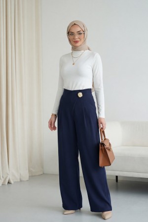Yandan Fermuarlı Broşlu Katlama Detaylı Bol Paça Krep Pantolon  -Laci