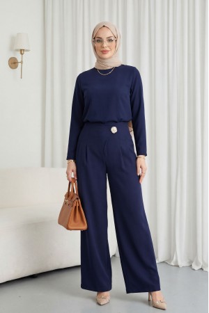 Yandan Fermuarlı Broşlu Katlama Detaylı Bol Paça Krep Pantolon  -Laci