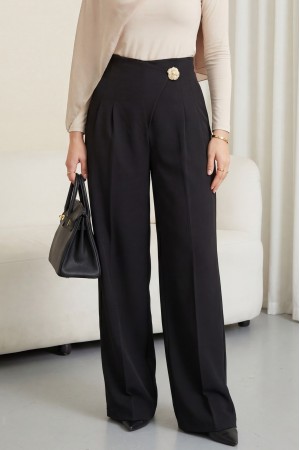 Yandan Fermuarlı Broşlu Katlama Detaylı Bol Paça Krep Pantolon  -Siyah