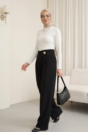Yandan Fermuarlı Broşlu Katlama Detaylı Bol Paça Krep Pantolon  -Siyah