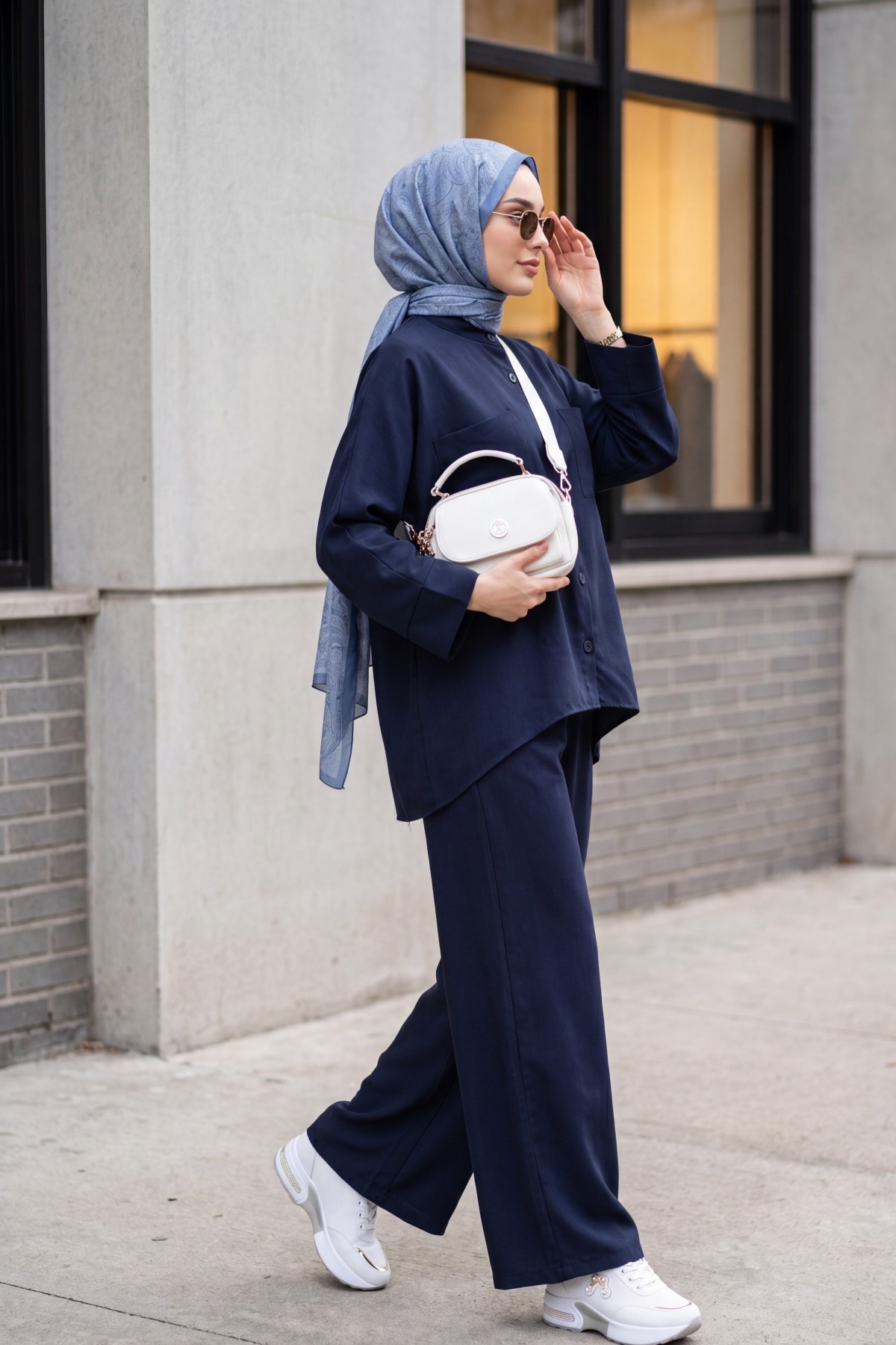 Double Pocket Batwing Sleeve Loose-Fitting Shirt Set  -Navy blue
