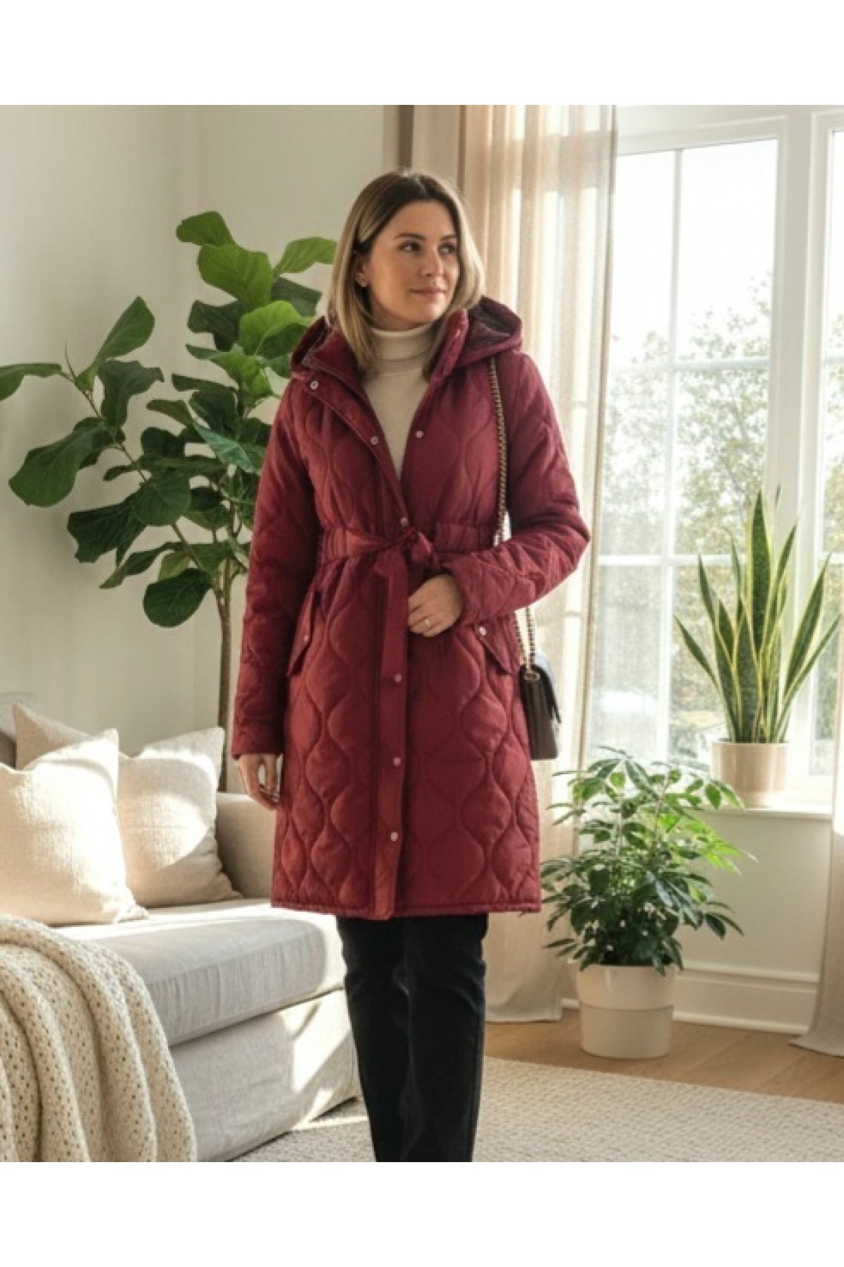 Tünel Bağcıklı Cepleri Çıtçıtlı Kapitone Mont  -Bordo