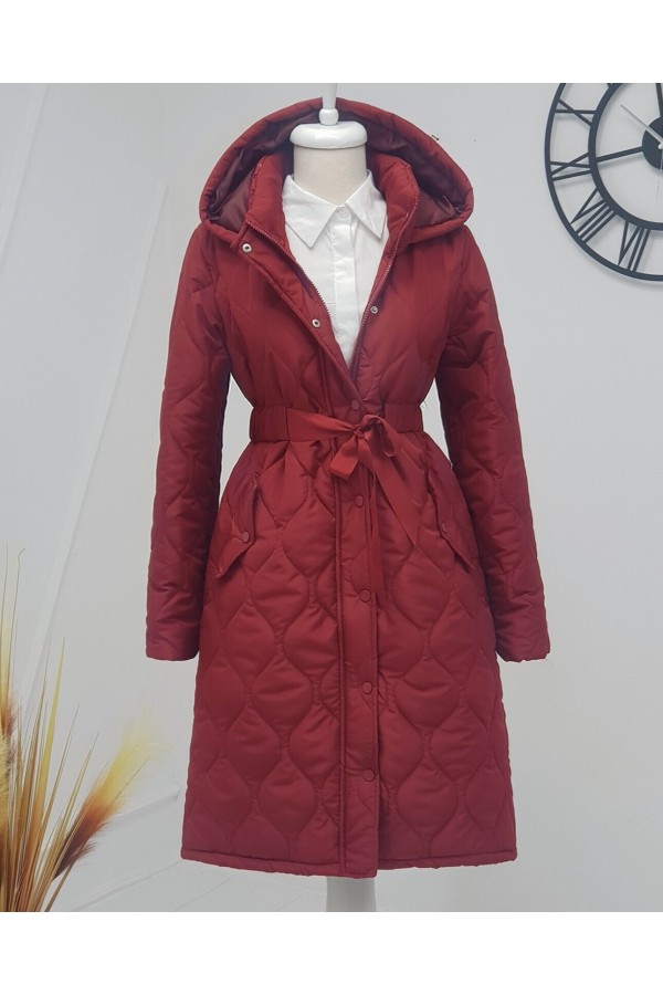 Tünel Bağcıklı Cepleri Çıtçıtlı Kapitone Mont  -Bordo