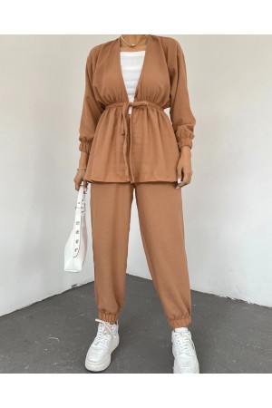 Tie Waist Elastic Double Linen Set -Snuff