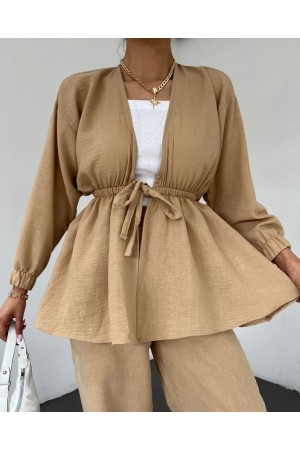 Tie Waist Elastic Double Linen Set -Mink color
