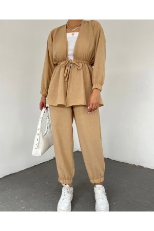 Tie Waist Elastic Double Linen Set -Mink color
