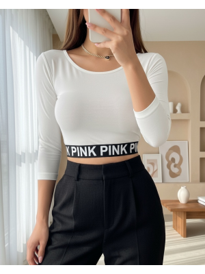 Pink Yazılı Fakir Kol Lastikli Crop -Ekru