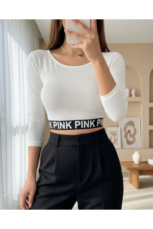Pink Yazılı Fakir Kol Lastikli Crop -Ekru