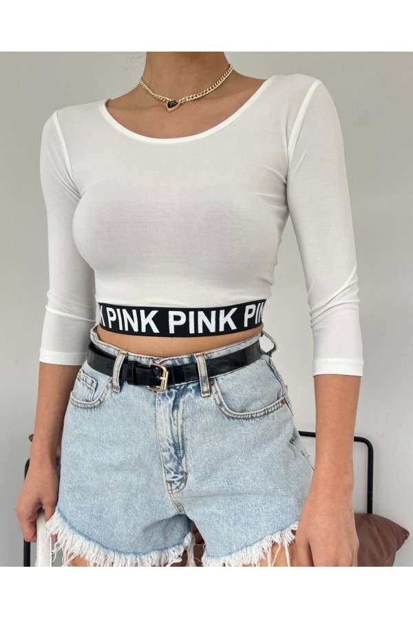 Pink Yazılı Fakir Kol Lastikli Crop -Ekru