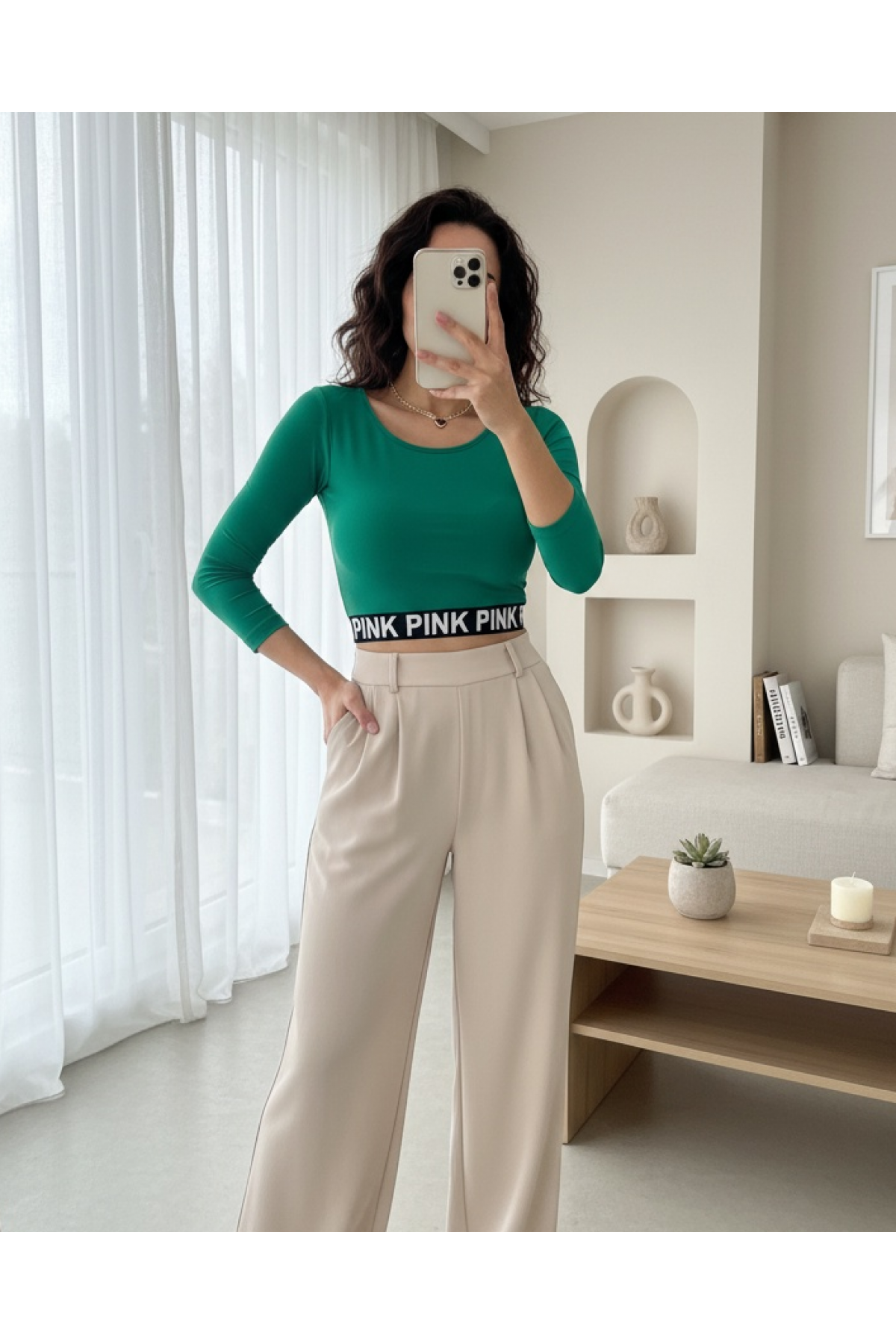 Pink Written Fakir Elastic Crop -Green