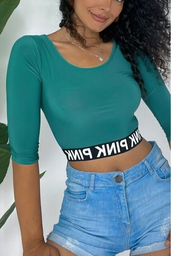 Pink Yazılı Fakir Kol Lastikli Crop -Yeşil