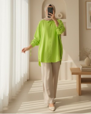 Lace-Up Back Long Shirt -PISTACHIO GREEN