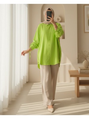 Lace-Up Back Long Shirt -PISTACHIO GREEN