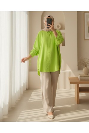 Yanları Bağcıklı Arkası Uzun Gömlek -F.Yeşili