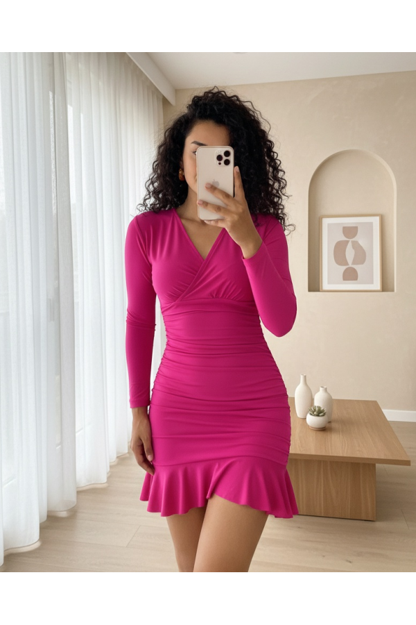 Yanları Lastikli Eteği Volanlı Sandy Mini Elbise -Fuşya