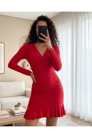 فستان ساندي ميني مع جوانب مطاطية وتنورة مكشوفة -أحمر