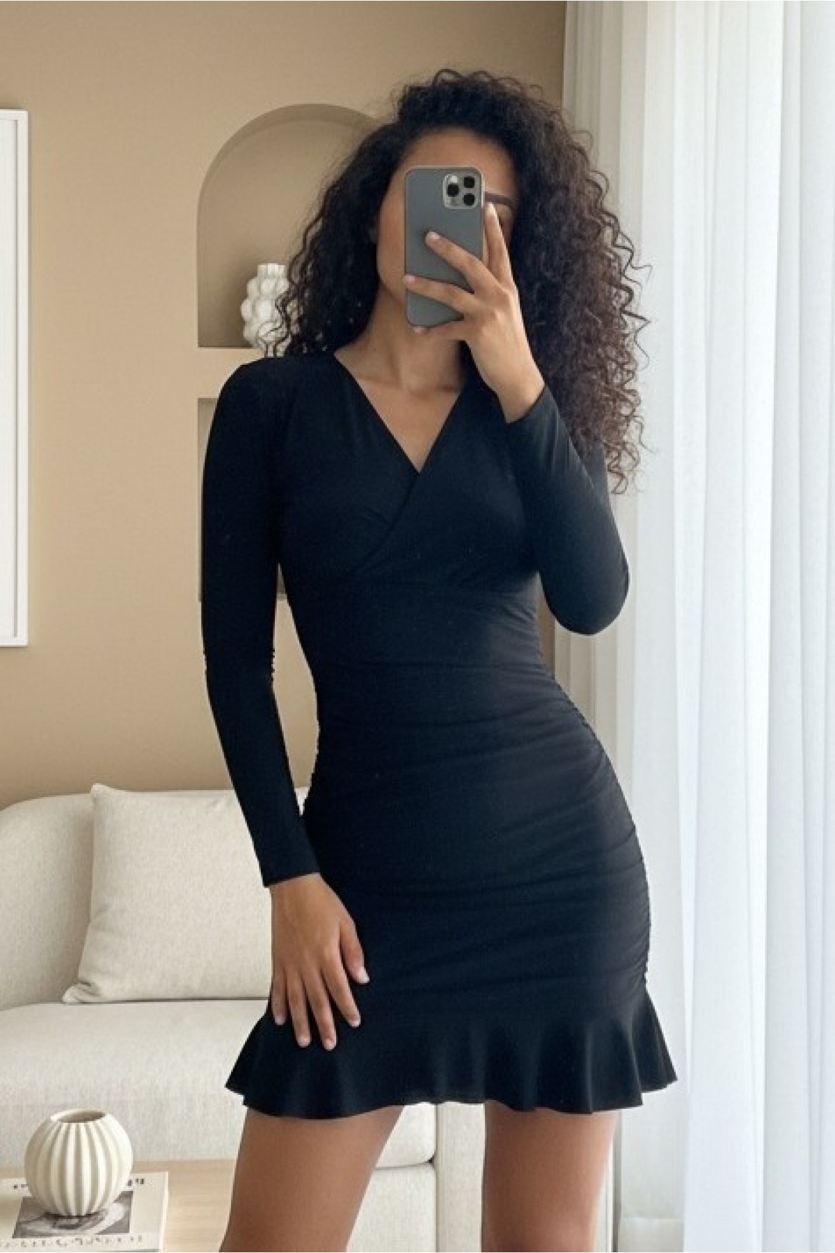 Sandy Mini Dress with Elastic Sides and Flounce Skirt -Black