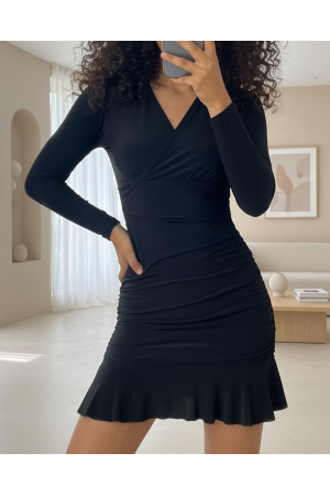 فستان ساندي ميني مع جوانب مطاطية وتنورة مكشوفة -أسود