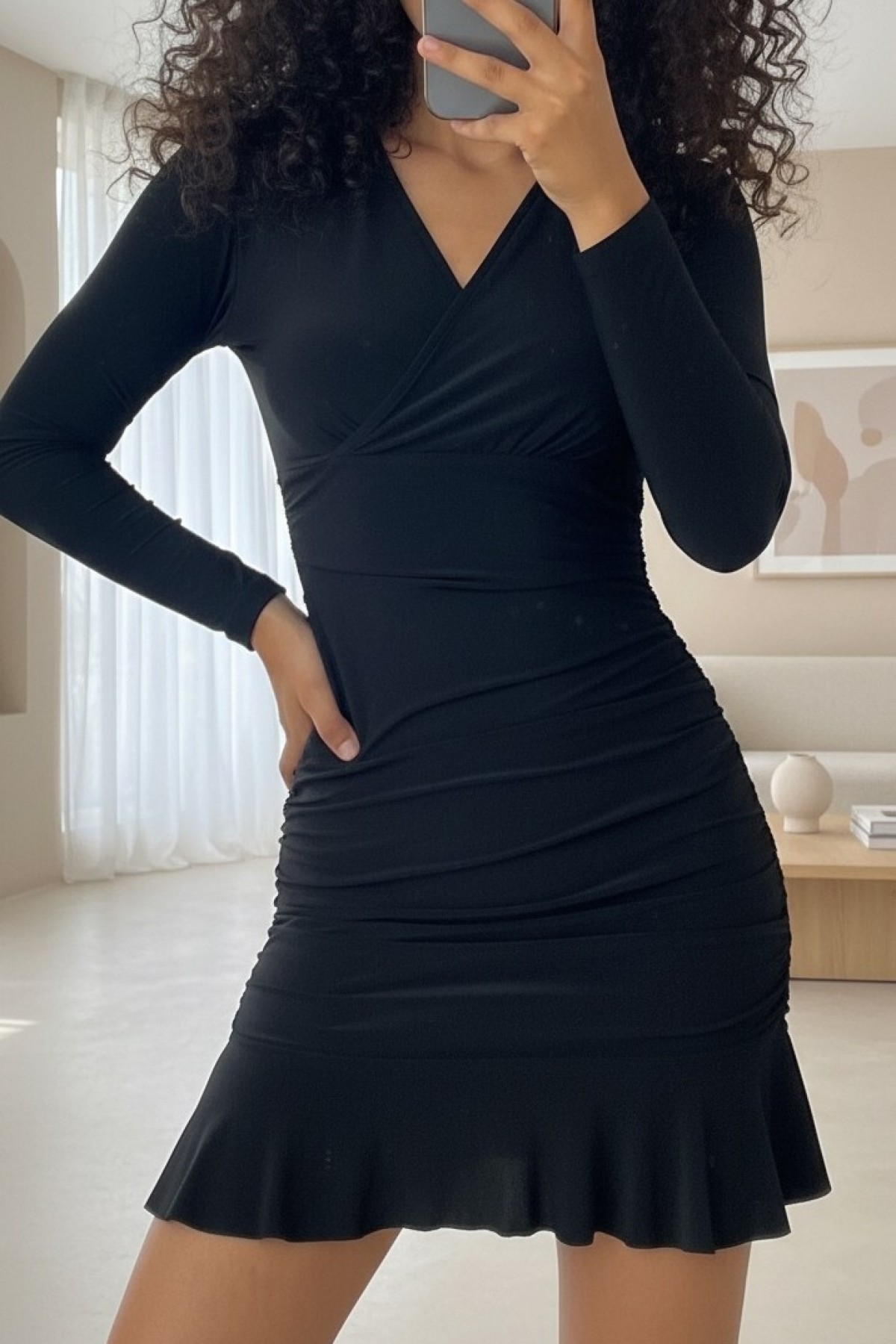 Sandy Mini Dress with Elastic Sides and Flounce Skirt -Black