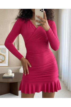 فستان ساندي ميني مع جوانب مطاطية وتنورة مكشوفة -لون الكرز