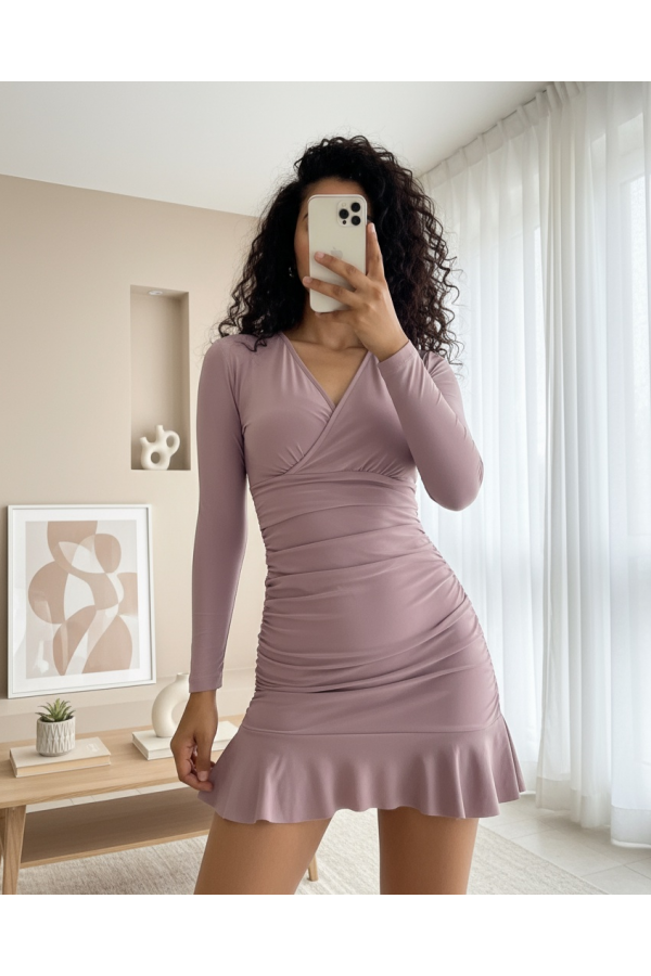 Yanları Lastikli Eteği Volanlı Sandy Mini Elbise -Vizon