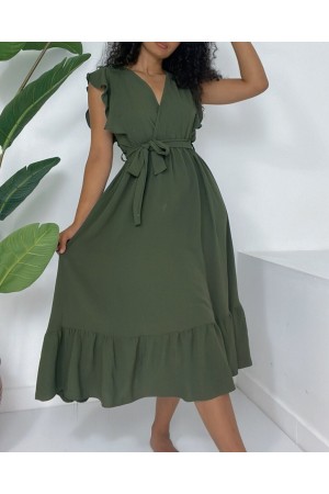 Frilled Shoulders Zero Sleeve Waist Elastic Lace-up Aryrobine Dress -Khaki
