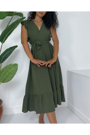 فستان أيروبين برباط وأكتاف مكشكشة بخصر صفر كم -خاكي