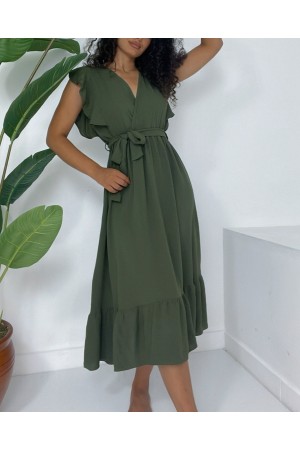 فستان أيروبين برباط وأكتاف مكشكشة بخصر صفر كم -خاكي