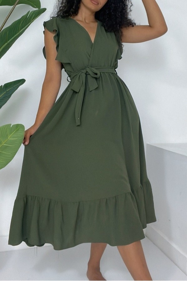 Frilled Shoulders Zero Sleeve Waist Elastic Lace-up Aryrobine Dress -Khaki