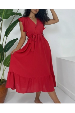 Frilled Shoulders Zero Sleeve Waist Elastic Lace-up Aryrobine Dress -Red