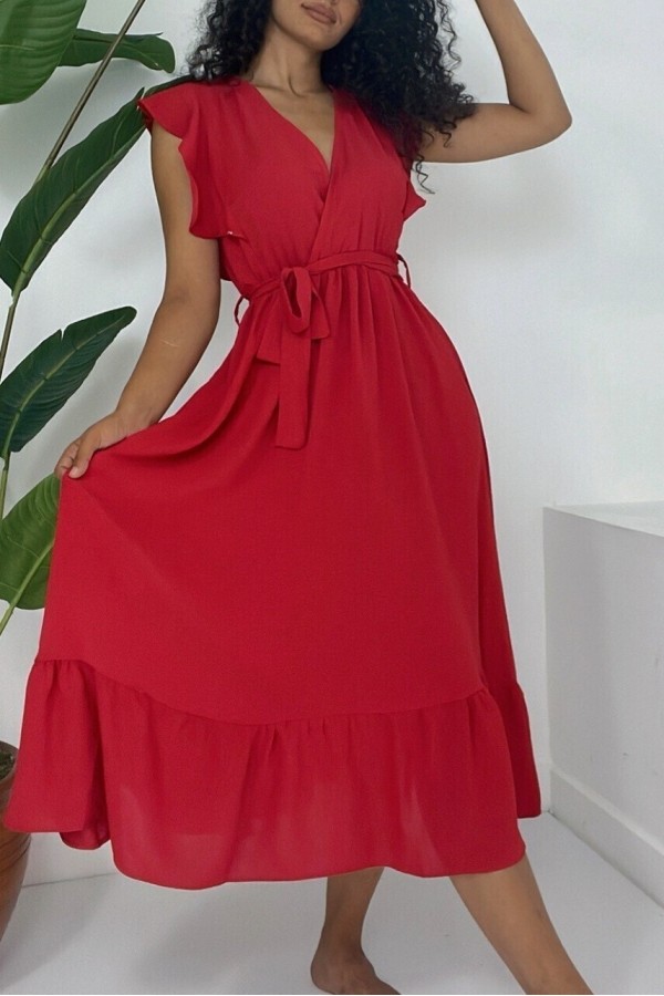 Frilled Shoulders Zero Sleeve Waist Elastic Lace-up Aryrobine Dress -Red