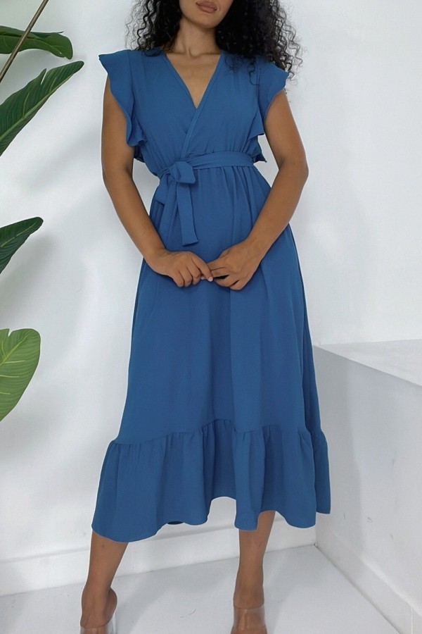 Frilled Shoulders Zero Sleeve Waist Elastic Lace-up Aryrobine Dress -Dark blue