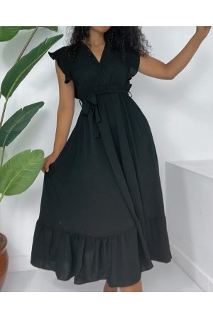 Omuzları Fırfırlı Sıfır Kol Beli Lastikli Bağcıklı Ayrobin Elbise -Siyah
