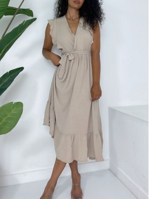 فستان أيروبين برباط وأكتاف مكشكشة بخصر صفر كم -تدرجات البيج