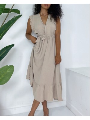 Frilled Shoulders Zero Sleeve Waist Elastic Lace-up Aryrobine Dress -Mink color