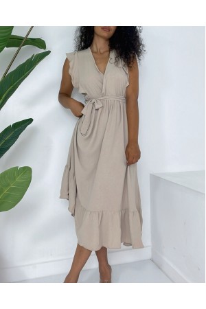 Omuzları Fırfırlı Sıfır Kol Beli Lastikli Bağcıklı Ayrobin Elbise -Vizon