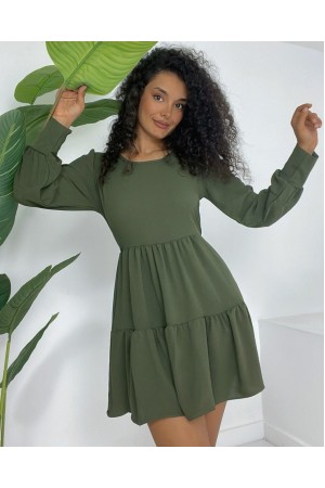 Round Neck Elastic Waist Elastic Skirt Layered Ayrobin Dress -Khaki