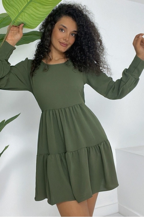 Round Neck Elastic Waist Elastic Skirt Layered Ayrobin Dress -Khaki