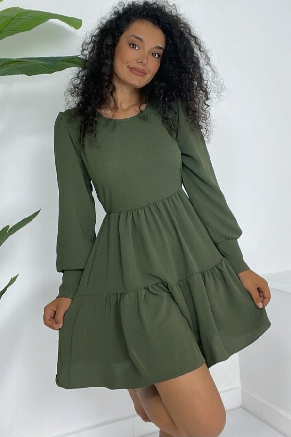 Round Neck Elastic Waist Elastic Skirt Layered Ayrobin Dress -Khaki