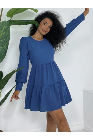 Round Neck Elastic Waist Elastic Skirt Layered Ayrobin Dress -İndigo